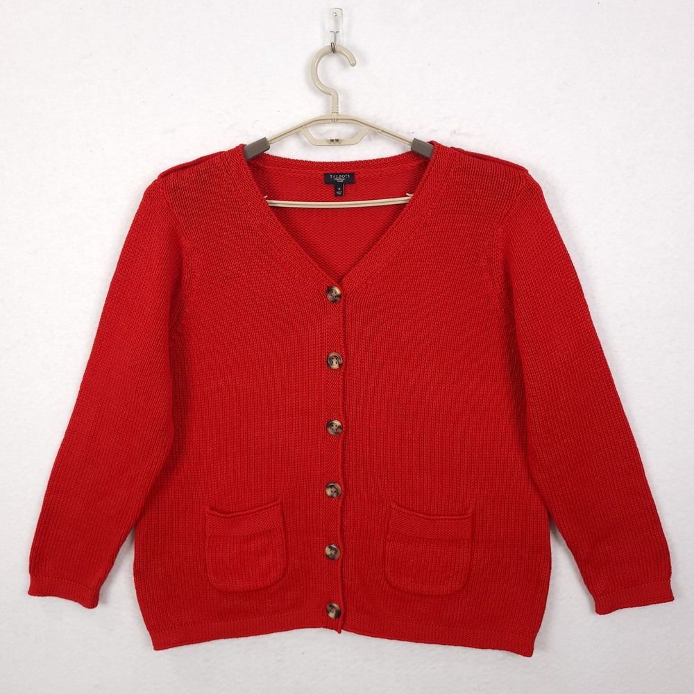 Talbots Cardigan Sweater 1X Red Cotton Shaker Knit V-Neck Button Front Pocket
